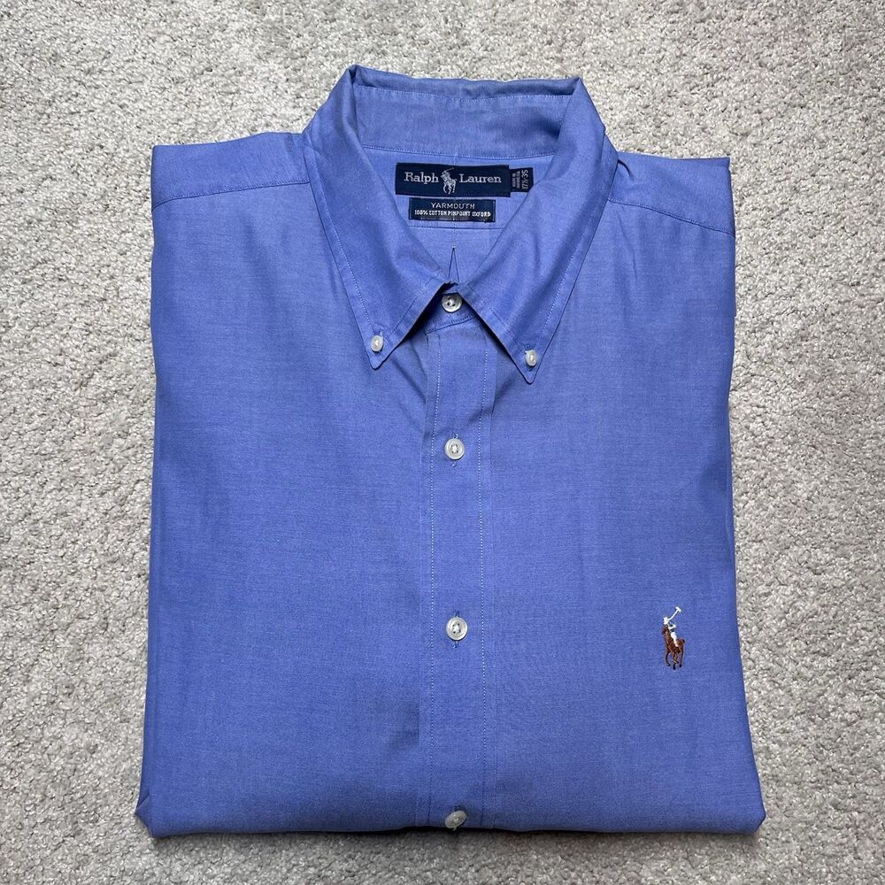 Ralph Lauren Yarmouth Shirt Men's 17.5-35 Button Up Blue Cotton Pinpoint Oxford